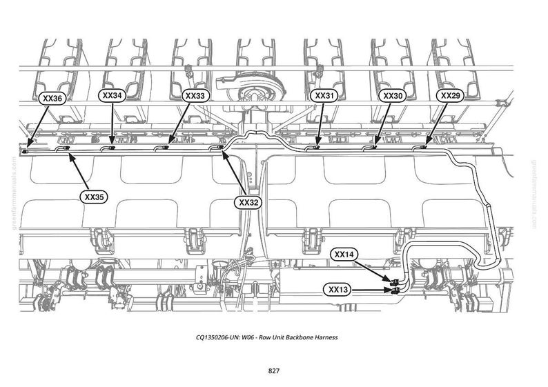 May include: Detailed diagram of a row unit backbone harness, featuring labeled components like XX36, XX34, and XX33. The black and white illustration shows the internal wiring and connections of the system, with text indicating the part numbers and the title of the diagram.