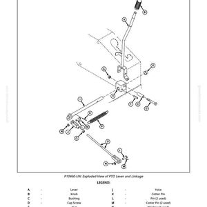 May include: An exploded diagram illustrating a PTO lever and linkage assembly, with labels for various components. The diagram includes a lever, knob, bushings, cap screws, nuts, and other parts. The text at the top reads "Remove, Inspect and Install PTO Lever and Linkage."