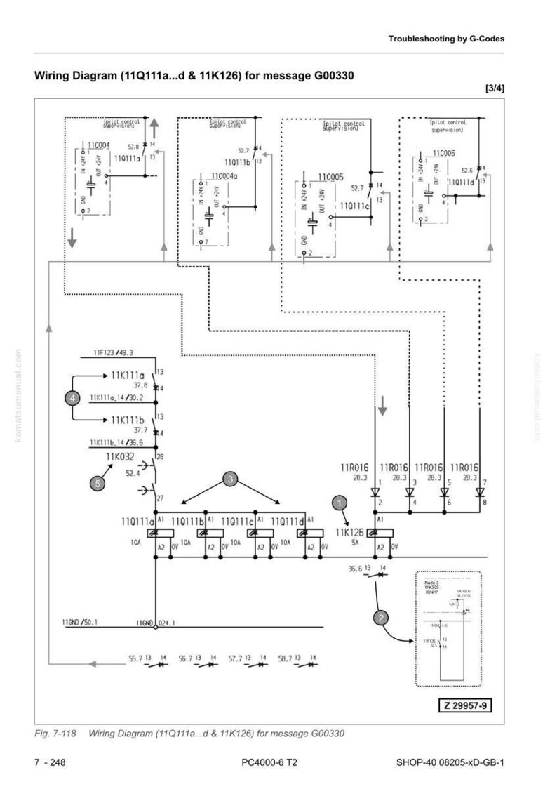 Op de afbeelding: Een gedetailleerd bedradingsschema voor bericht G00330, met meerdere circuitcomponenten en verbindingslijnen. Het schema bevat tekstlabels, numerieke waarden en een verwijzing naar probleemoplossing door G-Codes. Het schema is gelabeld als figuur 7-118.