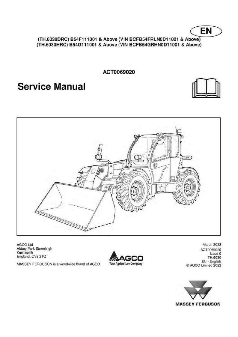 May include: A service manual for a Massey Ferguson tractor. The image shows a line drawing of the tractor with a front loader. The manual's title is "Service Manual". The AGCO logo is visible.