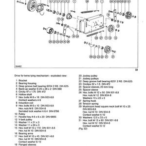 May include: An exploded view diagram of a twine tying mechanism, featuring various mechanical components. Includes pulleys, bolts, washers, bearings, and springs, with labels and measurements in inches and millimeters. The diagram is for a Rollant 66/46 model.