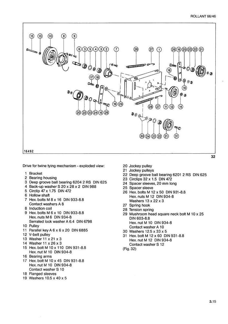 May include: An exploded view diagram of a twine tying mechanism, featuring various mechanical components. Includes pulleys, bolts, washers, bearings, and springs, with labels and measurements in inches and millimeters. The diagram is for a Rollant 66/46 model.
