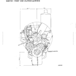 Puede incluir: Un dibujo t&eacute;cnico de un motor, etiquetado como "SA6D110-1 FRONT VIEW". Las dimensiones se indican en mil&iacute;metros, con un ancho de 370 mm y una altura de 346,3 mm. El dibujo incluye etiquetas como "Crankshaft center line".