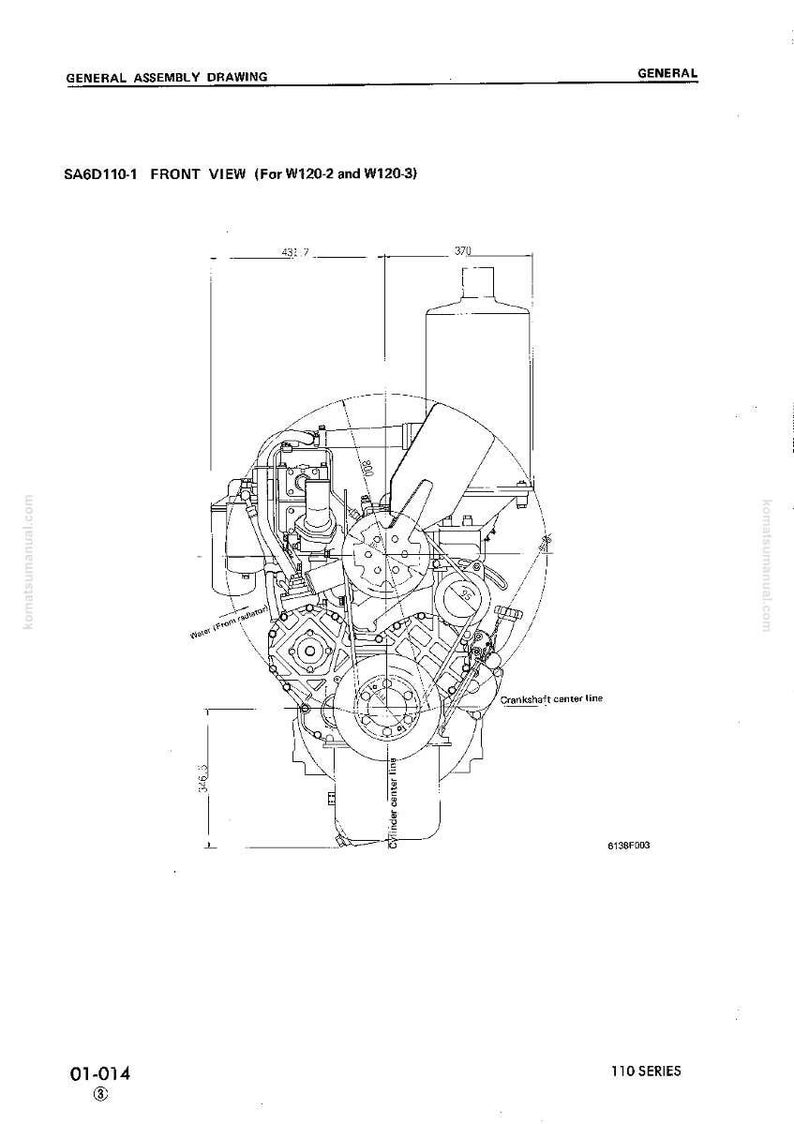 Puede incluir: Un dibujo t&eacute;cnico de un motor, etiquetado como "SA6D110-1 FRONT VIEW". Las dimensiones se indican en mil&iacute;metros, con un ancho de 370 mm y una altura de 346,3 mm. El dibujo incluye etiquetas como "Crankshaft center line".