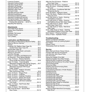 May include: A detailed table of contents from a manual, listing various maintenance and service procedures for agricultural machinery. The pages are numbered, and the topics range from lubrication to troubleshooting.
