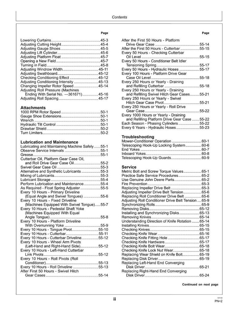 May include: A detailed table of contents from a manual, listing various maintenance and service procedures for agricultural machinery. The pages are numbered, and the topics range from lubrication to troubleshooting.