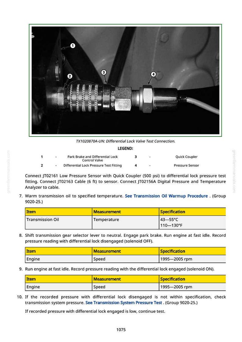 May include: Image of a differential lock valve test connection with a legend. The image includes a quick coupler, pressure sensor, and other components. Text includes temperature specifications in Fahrenheit and Celsius.