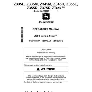 May include: A white and black operator's manual for Z300 Series ZTrak mowers. The manual includes a warning about diesel engine exhaust and gasoline engine chemicals. The John Deere logo is visible.