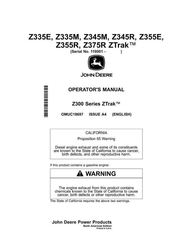 May include: A white and black operator's manual for Z300 Series ZTrak mowers. The manual includes a warning about diesel engine exhaust and gasoline engine chemicals. The John Deere logo is visible.