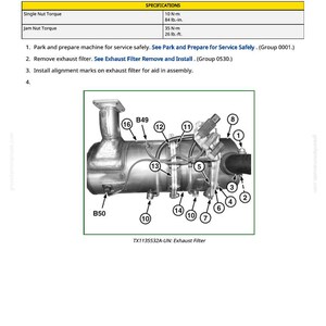 May include: Diagram showing an exhaust filter with numbered parts and instructions for disassembly and assembly. Includes torque specifications in N-m and lb.-in. for single and jam nuts, and instructions for service.