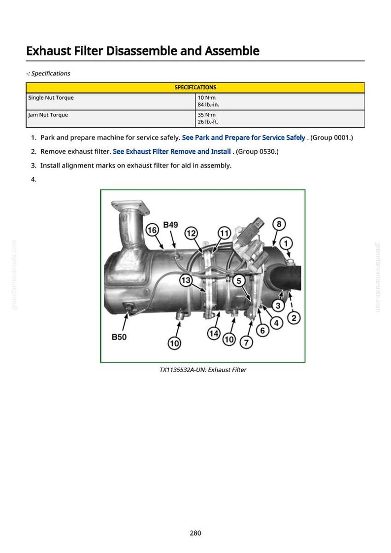 May include: Diagram showing an exhaust filter with numbered parts and instructions for disassembly and assembly. Includes torque specifications in N-m and lb.-in. for single and jam nuts, and instructions for service.
