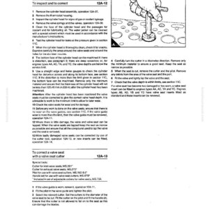 May include: A manual page detailing cylinder head inspection and correction. It features text, diagrams, and instructions for tasks such as removing the cylinder head assembly, checking for leaks, and correcting valve seats. The page is numbered 12.