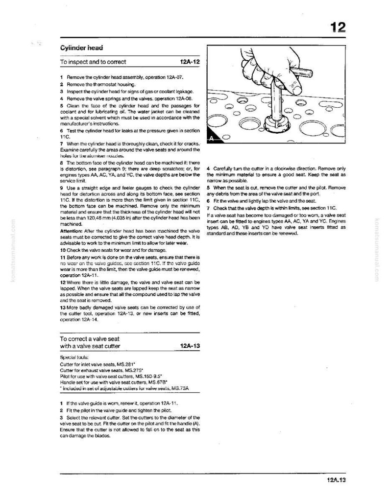 May include: A manual page detailing cylinder head inspection and correction. It features text, diagrams, and instructions for tasks such as removing the cylinder head assembly, checking for leaks, and correcting valve seats. The page is numbered 12.