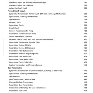 May include: A page from a manual with a list of specifications and procedures for gear and range transmissions, including clutch and oil pump maintenance. The text is black on a white background.