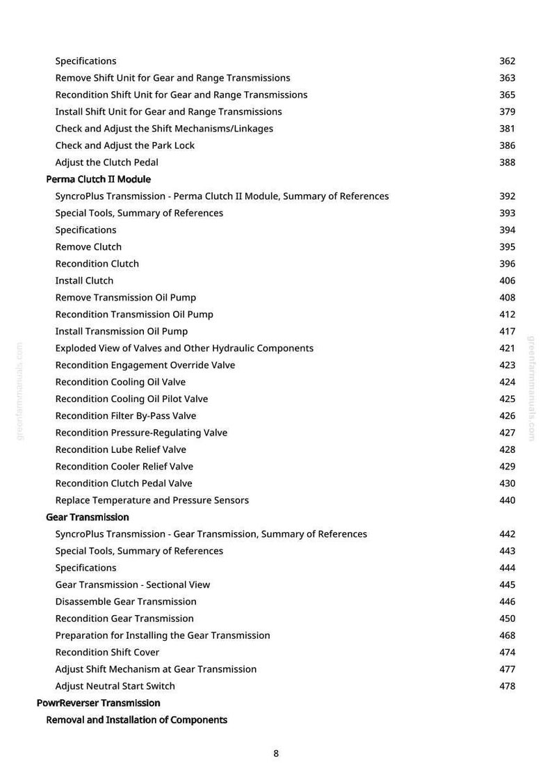May include: A page from a manual with a list of specifications and procedures for gear and range transmissions, including clutch and oil pump maintenance. The text is black on a white background.