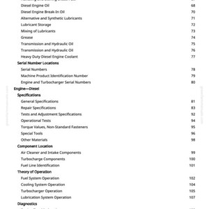May include: A white page with a table of contents from a manual. The topics include fuel and lubricants, serial number locations, engine specifications, component location, theory of operation, and diagnostics.