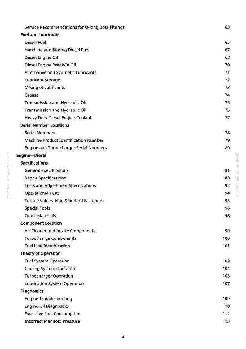 May include: A white page with a table of contents from a manual. The topics include fuel and lubricants, serial number locations, engine specifications, component location, theory of operation, and diagnostics.