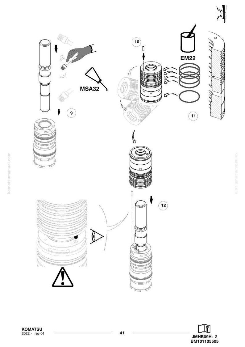 May include: An exploded diagram of mechanical components, including cylindrical parts, O-rings, and a container labeled "EM22". The diagram includes the text "KOMATSU 2022 rev 01" and "JMHB09H-2 BM101105505".