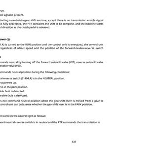 May include: A white page with technical text detailing the neutral position of a control unit. Key points include the PTR control unit's function, conditions for neutral, and the neutral indicator. The page number 537 is at the bottom.