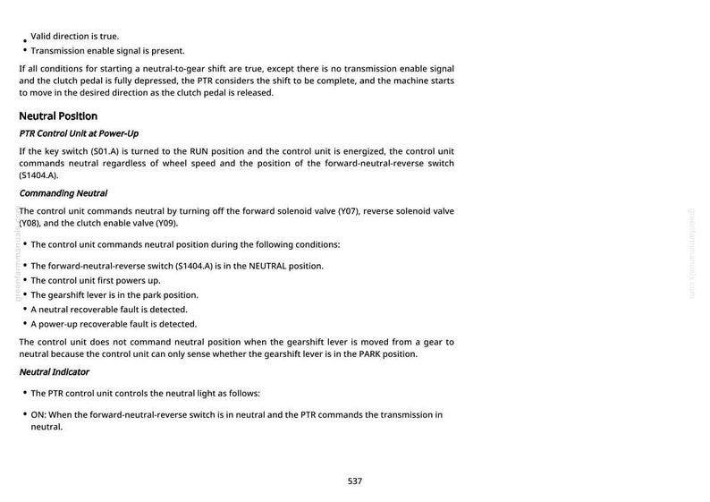 May include: A white page with technical text detailing the neutral position of a control unit. Key points include the PTR control unit's function, conditions for neutral, and the neutral indicator. The page number 537 is at the bottom.