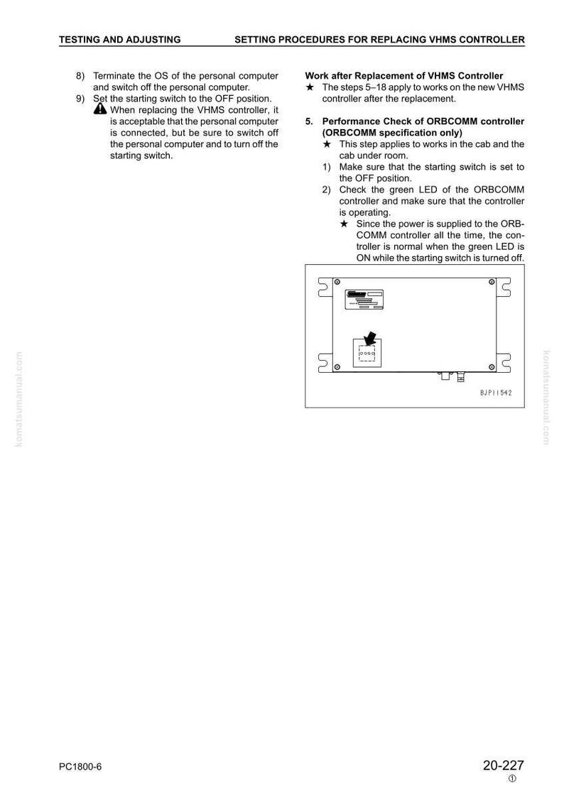 May include: A technical diagram with instructions for replacing a VHMS controller. The image includes text detailing steps for testing and adjusting, with a focus on the ORBCOMM controller. A schematic of the controller is also shown.