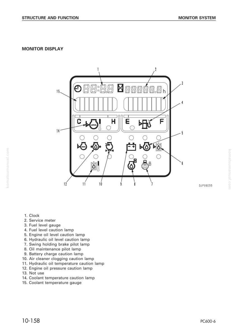 May include: Diagram of a monitor display with various indicators, including a clock, service meter, and fuel level gauge. Features caution lamps for engine oil, hydraulic oil, and coolant temperature. Includes text labels.