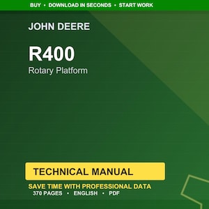 Puede incluir: Una cubierta de manual t&eacute;cnico verde y amarilla para una plataforma rotativa John Deere R400. La cubierta incluye el logotipo de John Deere, el n&uacute;mero de modelo y las palabras "Manual t&eacute;cnico". El manual tiene 370 p&aacute;ginas y est&aacute; en ingl&eacute;s.