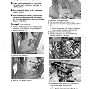 Pu&ograve; includere: Diagramma di rimozione e installazione del gruppo riscaldatore per i piedi. L'immagine mostra vari passaggi, tra cui la rimozione del tappetino, della piastra del pavimento e del coperchio del riscaldatore per i piedi. Il gruppo riscaldatore per i piedi pesa 25 kg.