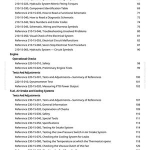 May include: A manual page featuring a detailed table of contents. The text covers topics such as hydraulic systems, electrical checks, and engine tests. Page number 3 is visible.