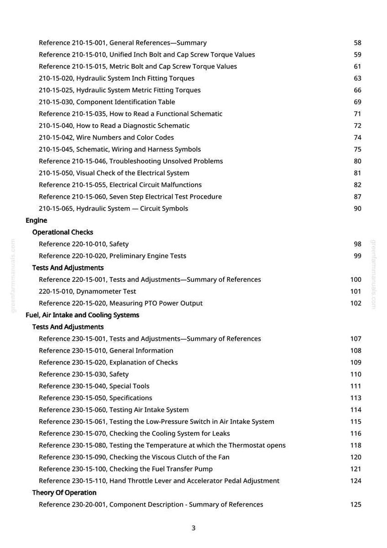 May include: A manual page featuring a detailed table of contents. The text covers topics such as hydraulic systems, electrical checks, and engine tests. Page number 3 is visible.