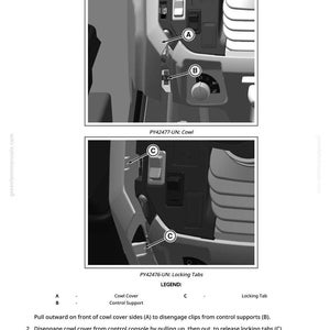 May include: Diagram illustrating the removal and installation of a cowl cover (Cab). The image shows close-ups of the cowl cover, control support, and locking tabs, labeled A, B, and C. Text instructions are provided below the images.