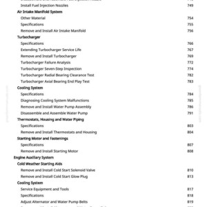 Puede incluir: Una p&aacute;gina de manual con un &iacute;ndice para la reparaci&oacute;n de autom&oacute;viles. El texto incluye secciones sobre inyecci&oacute;n de combustible, admisi&oacute;n de aire, turbocompresor, sistema de refrigeraci&oacute;n y motor de arranque.
