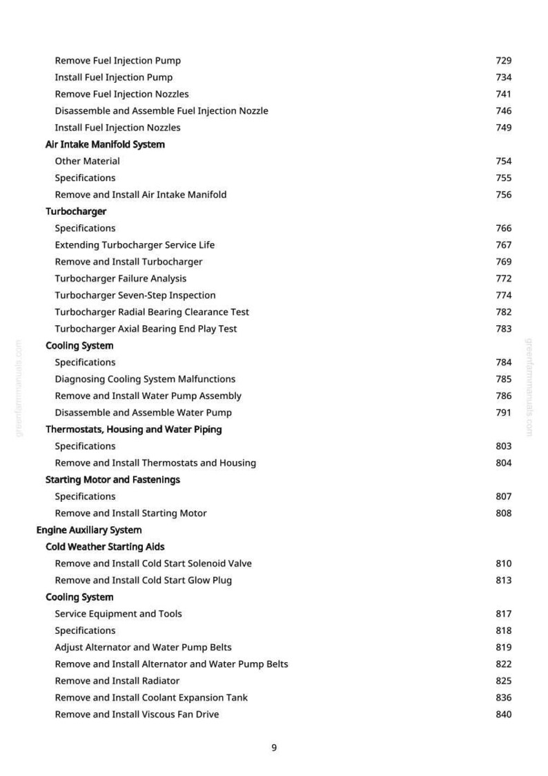 Puede incluir: Una p&aacute;gina de manual con un &iacute;ndice para la reparaci&oacute;n de autom&oacute;viles. El texto incluye secciones sobre inyecci&oacute;n de combustible, admisi&oacute;n de aire, turbocompresor, sistema de refrigeraci&oacute;n y motor de arranque.