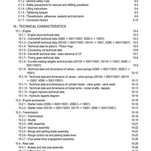 May include: A detailed table of contents from a technical manual, listing sections on engine characteristics, transmission, and axles. The document includes technical data and diagrams.