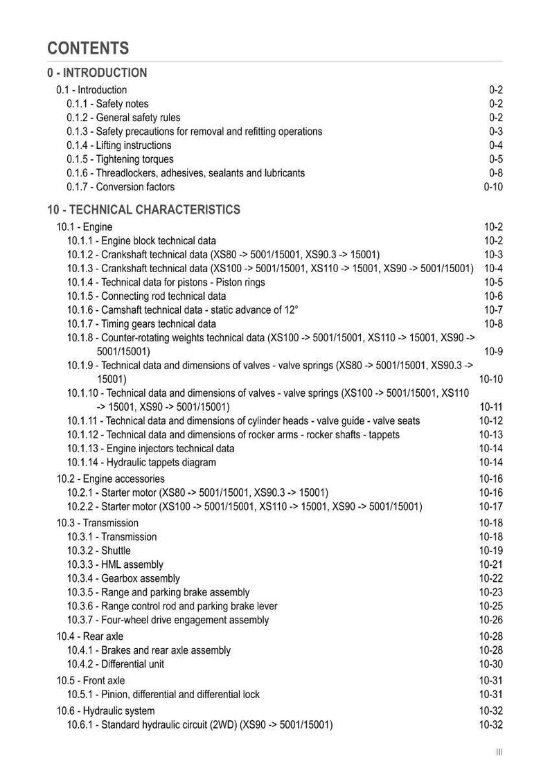 May include: A detailed table of contents from a technical manual, listing sections on engine characteristics, transmission, and axles. The document includes technical data and diagrams.