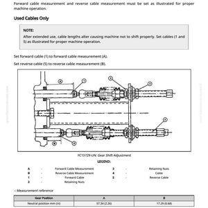 May include: Diagram of gear shift adjustment with measurements in inches. Text includes instructions for new and used cables, referencing forward and reverse cable measurements. Includes a legend and measurement reference.