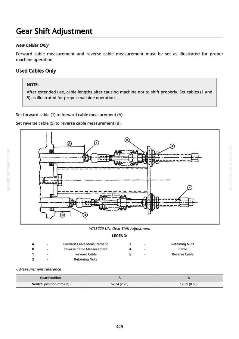 May include: Diagram of gear shift adjustment with measurements in inches. Text includes instructions for new and used cables, referencing forward and reverse cable measurements. Includes a legend and measurement reference.