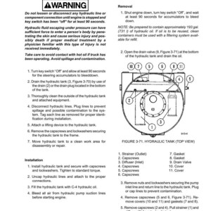 May include: Diagram of a hydraulic tank with labeled components, including a strainer, diffuser, and drain valve. Instructions for removal and installation are provided, along with a warning about hydraulic fluid under pressure.