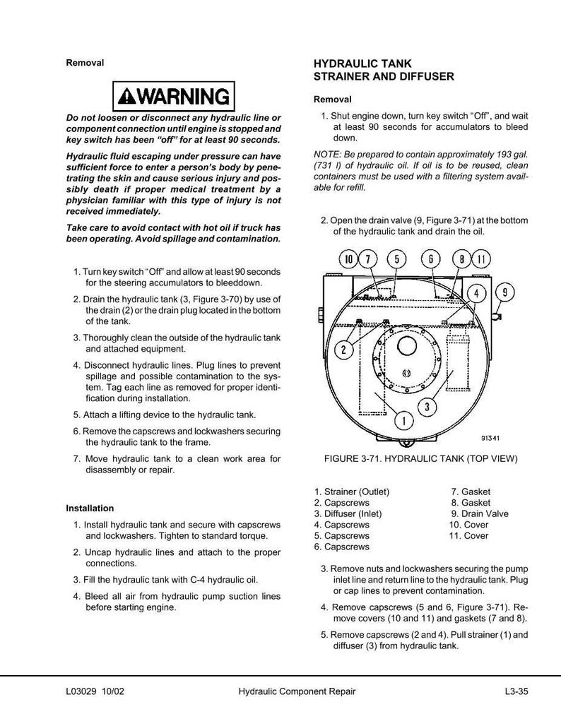 May include: Diagram of a hydraulic tank with labeled components, including a strainer, diffuser, and drain valve. Instructions for removal and installation are provided, along with a warning about hydraulic fluid under pressure.
