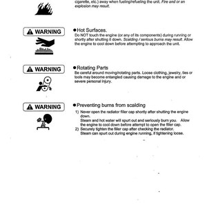 May include: A white page with safety warnings for a machine. The warnings include symbols and text about fuel, hot surfaces, rotating parts, and preventing burns. The text is in black.