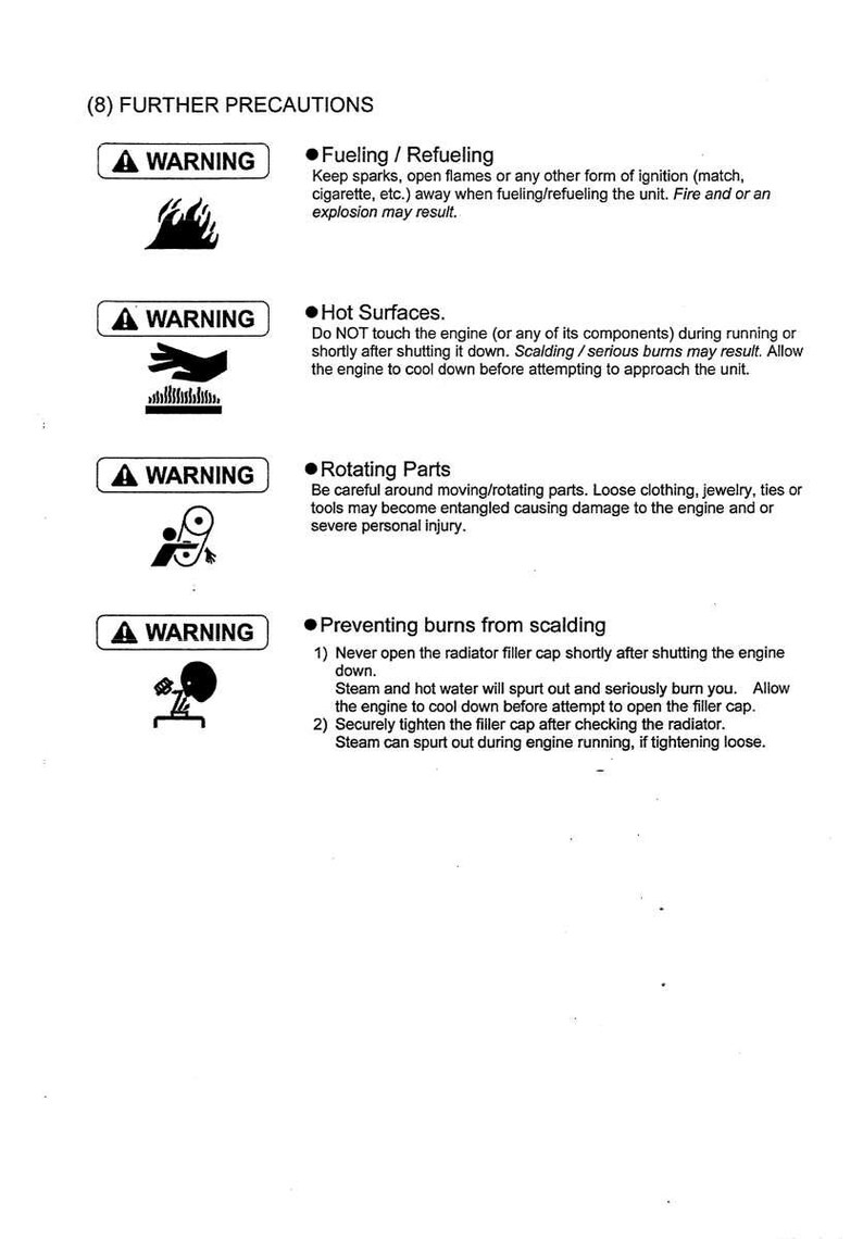 May include: A white page with safety warnings for a machine. The warnings include symbols and text about fuel, hot surfaces, rotating parts, and preventing burns. The text is in black.