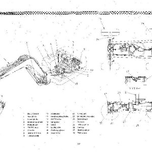 Op de afbeelding: Gedetailleerde technische tekening van een graafmachine, met genummerde en beschreven componenten. De zwart-wit illustratie toont de arm, de bak en de motor van de machine. Extra diagrammen zijn inbegrepen voor een volledig beeld.