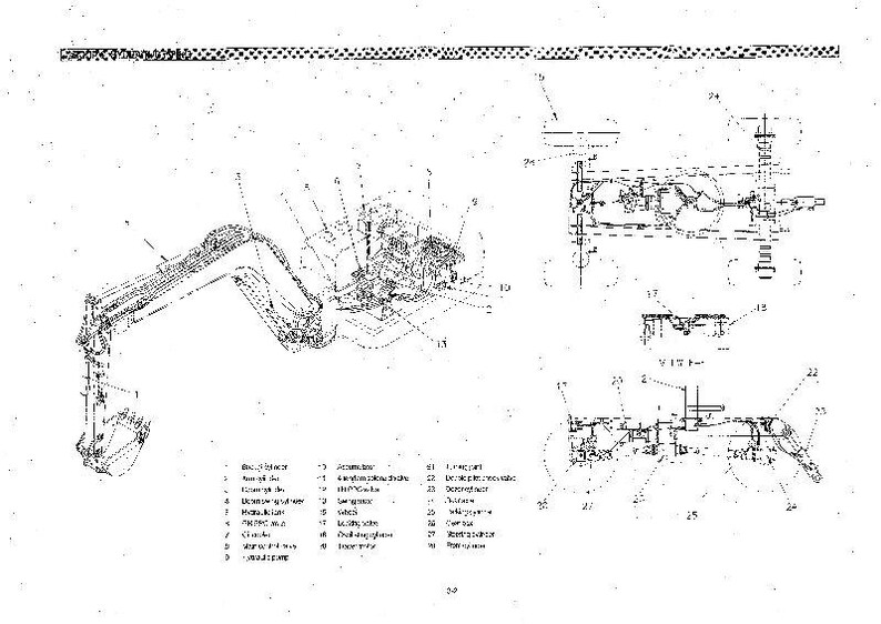 Op de afbeelding: Gedetailleerde technische tekening van een graafmachine, met genummerde en beschreven componenten. De zwart-wit illustratie toont de arm, de bak en de motor van de machine. Extra diagrammen zijn inbegrepen voor een volledig beeld.