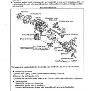May include: An exploded diagram of an engine's internal components, including the flywheel, fuel pump, and crankshaft. The diagram is labeled with various parts and their names, along with text explaining the disassembly procedure.
