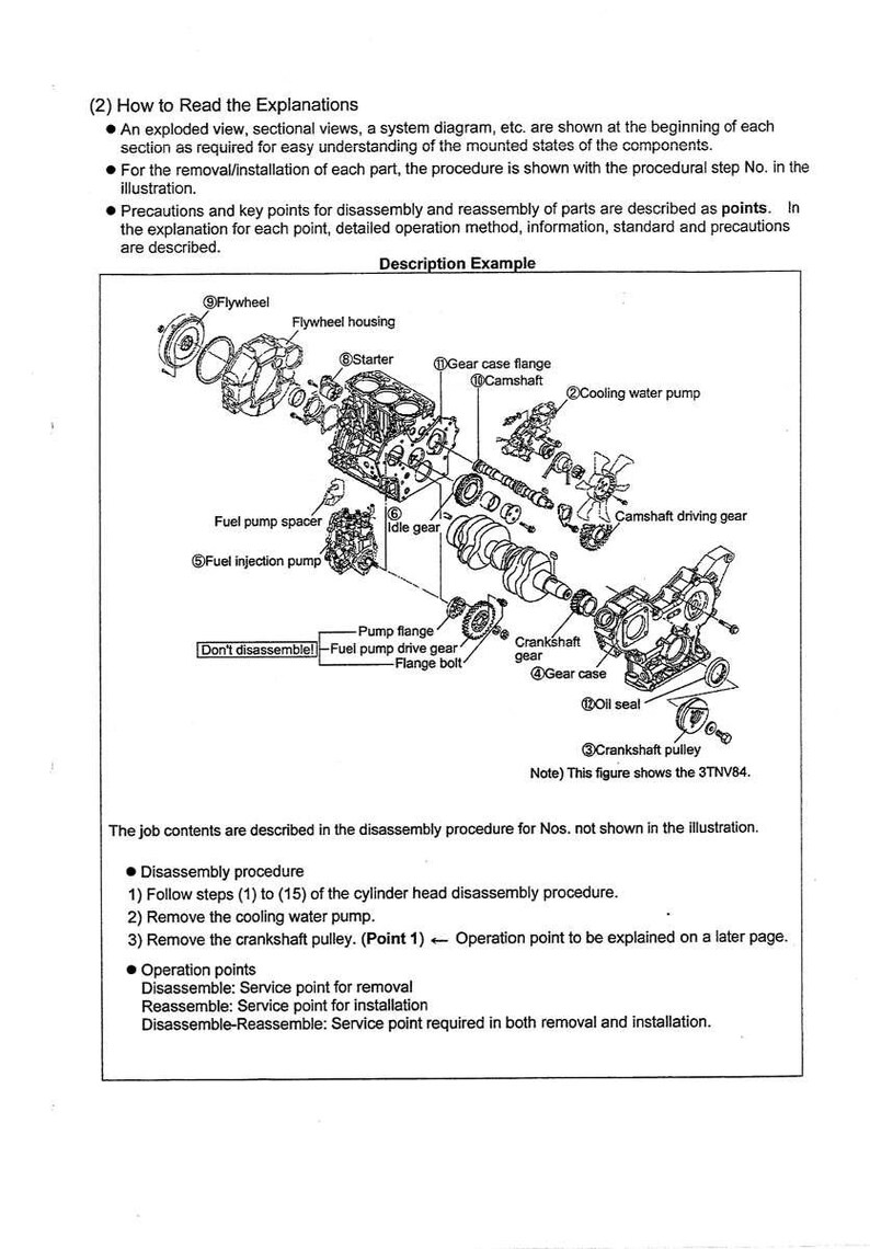 May include: An exploded diagram of an engine's internal components, including the flywheel, fuel pump, and crankshaft. The diagram is labeled with various parts and their names, along with text explaining the disassembly procedure.