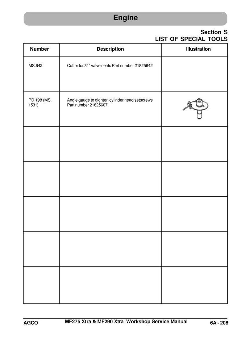 May include: A page from a workshop service manual titled "Engine". It lists special tools, including a cutter for 31" valve seats and an angle gauge for cylinder head setscrews. The manual is for MF275 Xtra & MF290 Xtra.