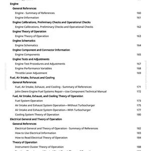 K&ouml;nnte beinhalten: Eine Manuellseite mit Inhaltsverzeichnis. Der Text ist schwarz auf wei&szlig;em Hintergrund. Zu den Themen geh&ouml;ren Motordiagnose, Kraftstoffsysteme und elektrische Systeme. Seitenzahlen sind rechts.
