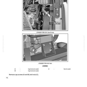May include: Diagram of engine components with labels for cap screws and nuts. The image includes close-ups of the engine parts, with arrows pointing to the screws and nuts. Text indicates the part numbers and quantities.