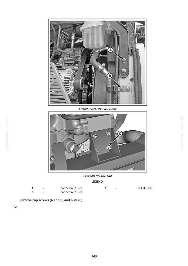 May include: Diagram of engine components with labels for cap screws and nuts. The image includes close-ups of the engine parts, with arrows pointing to the screws and nuts. Text indicates the part numbers and quantities.