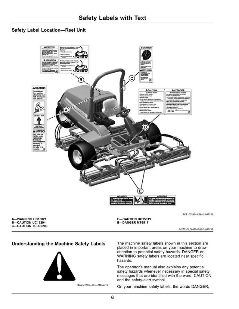 May include: Diagram of a reel unit with safety labels. The labels include warnings, cautions, and danger notices, with text in English and Spanish. The diagram also includes a warning symbol and text explaining the safety labels.